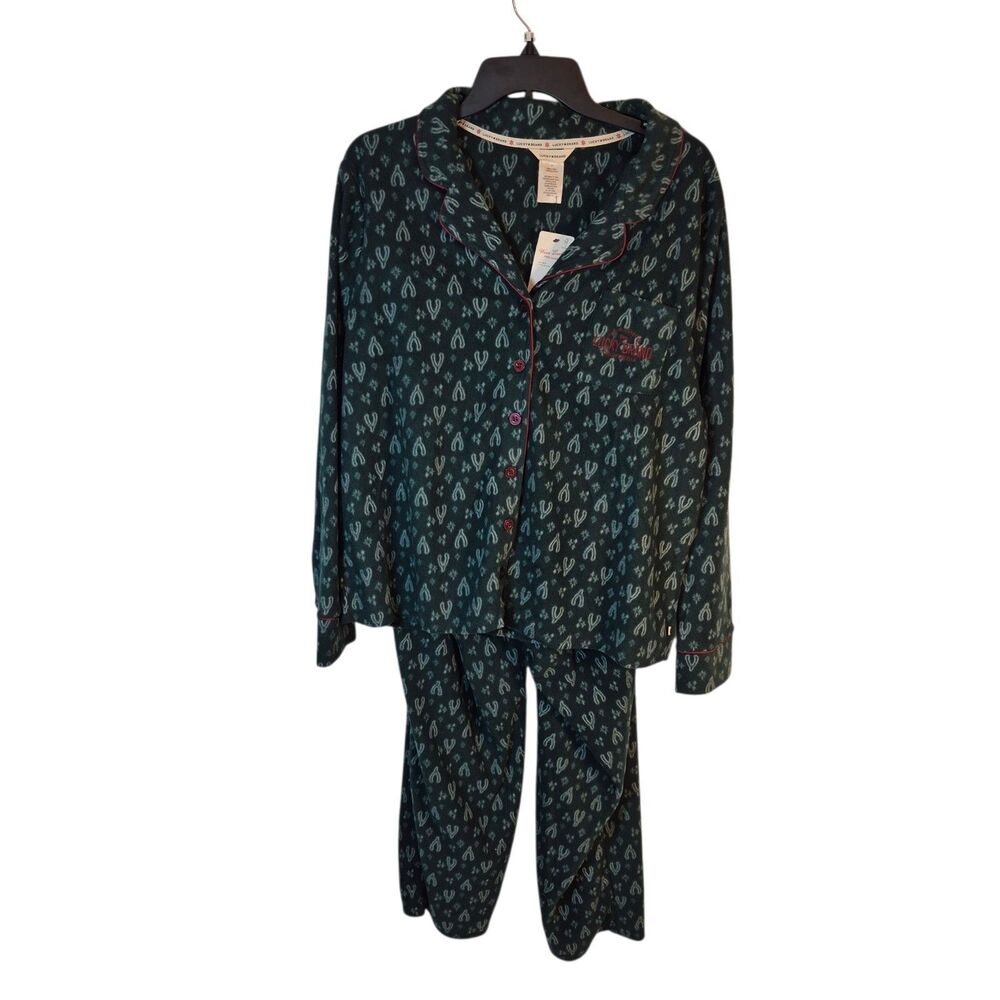 Lucky Brand Women's Wishbone Fleece Pajama Set Size 2X Green Button-Up